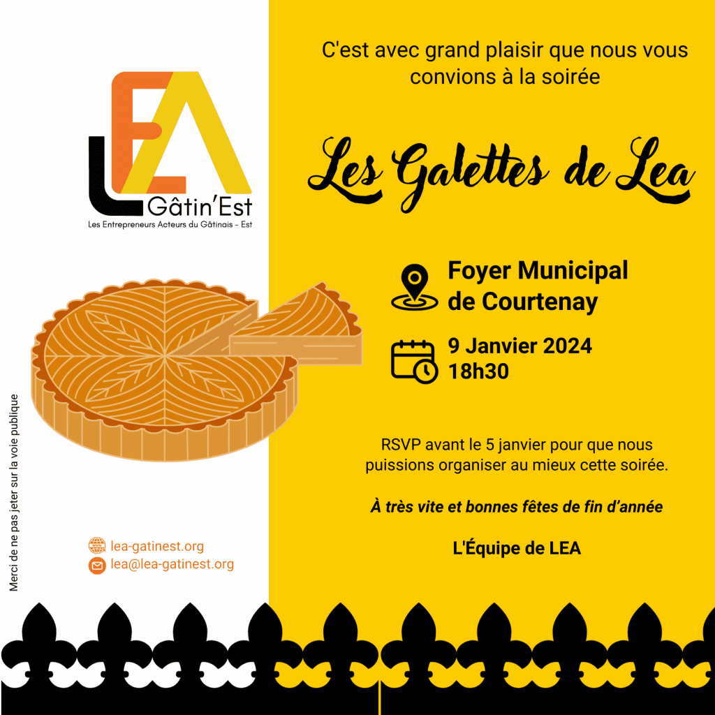 Carton d’invitation aux Galettes de LEA, le 9 janvier 2024 à 18 h 30 au foyer municipal de Courtenay