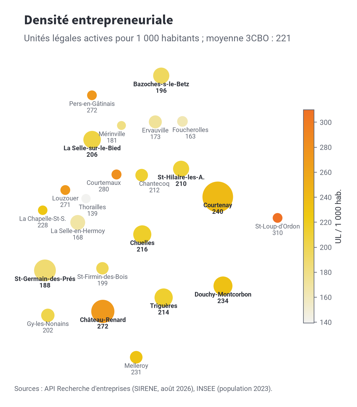 Carte du nombre d'unités légales actives pour 1 000 habitants, commune par commune