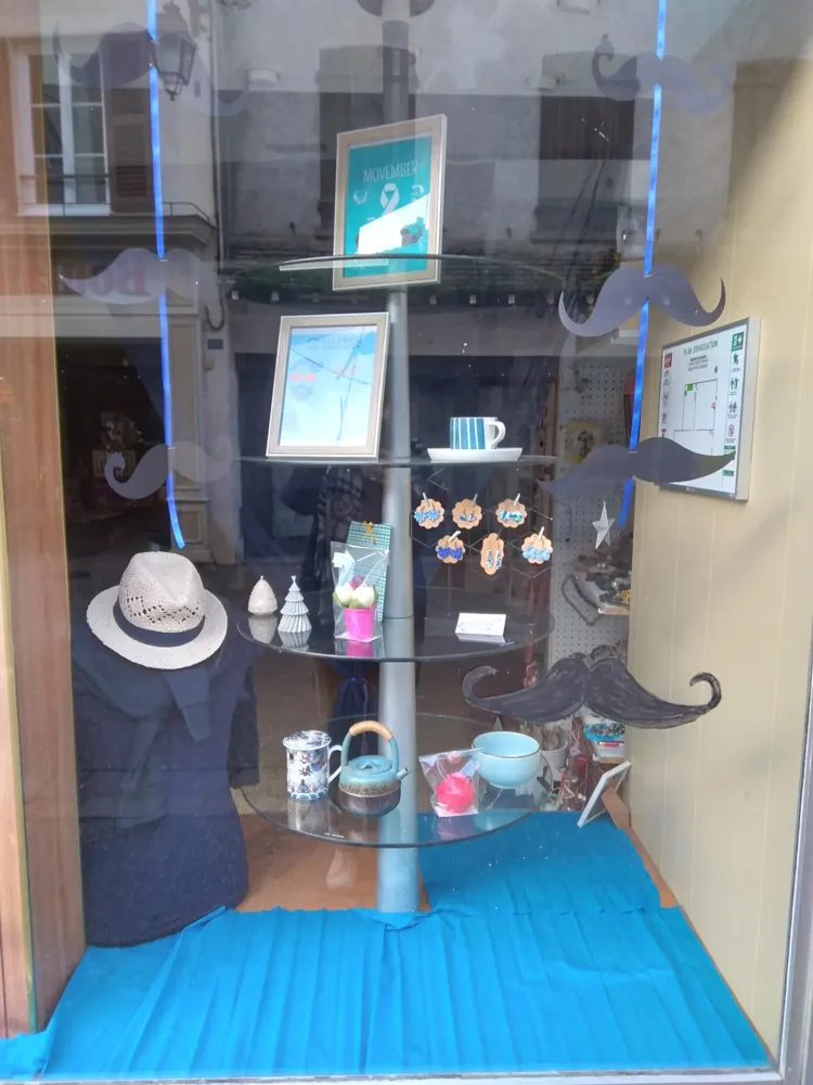 Vitrine Movember de La Maison du Manège, chapeaux et moustaches